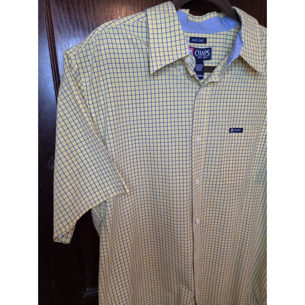 Chaps Easy Care Mens Size XL Yellow Navy Plaid Button Down Dress Shirt Preppy - Picture 6 of 10